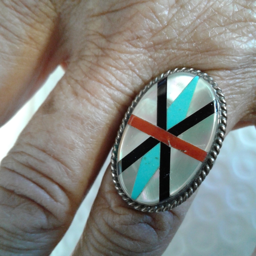Vintage Native American Multistone Inlaid Ring Size 6 3/4